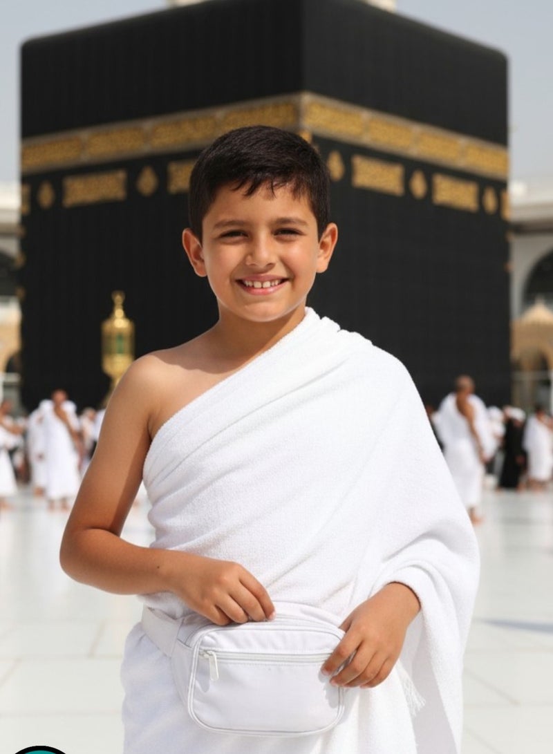 احرام اطفال احرامات اطفال ولادي فاخر وناعم للحج والعمرة مع هدية شنطة خصر وسط بيضاء للجوال والمحفظة قابلة للتعديل طقم إحرام كامل تنورة للاولاد وزرة احرام متوسط الكثافة ليس احرام ثقيل مزعج و ليس احرام خفيف احرامات ولادي - Image 1